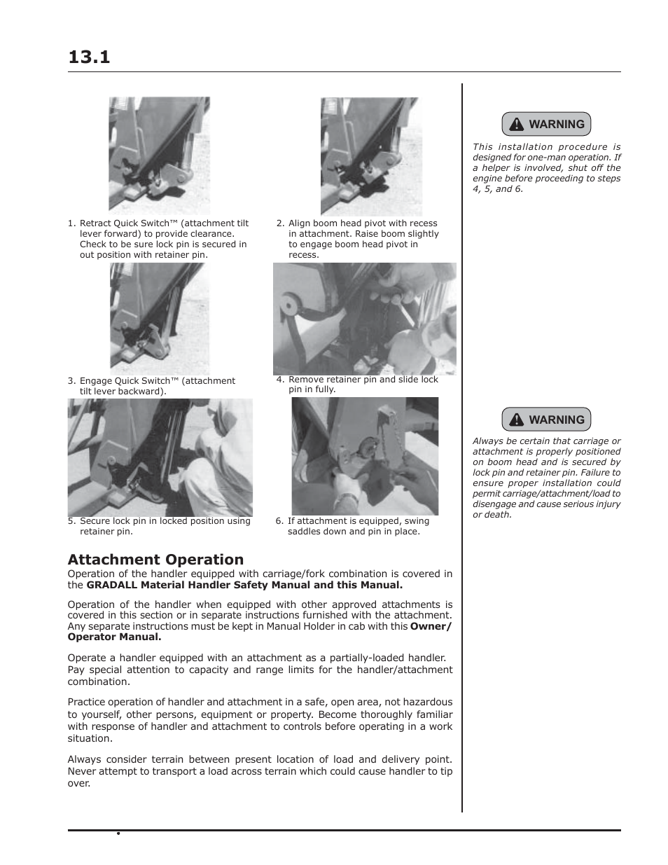 Attachment installation attachment operation, Warning | Gradall 544D-10 (9136-4142) Operation Manual User Manual | Page 33 / 54