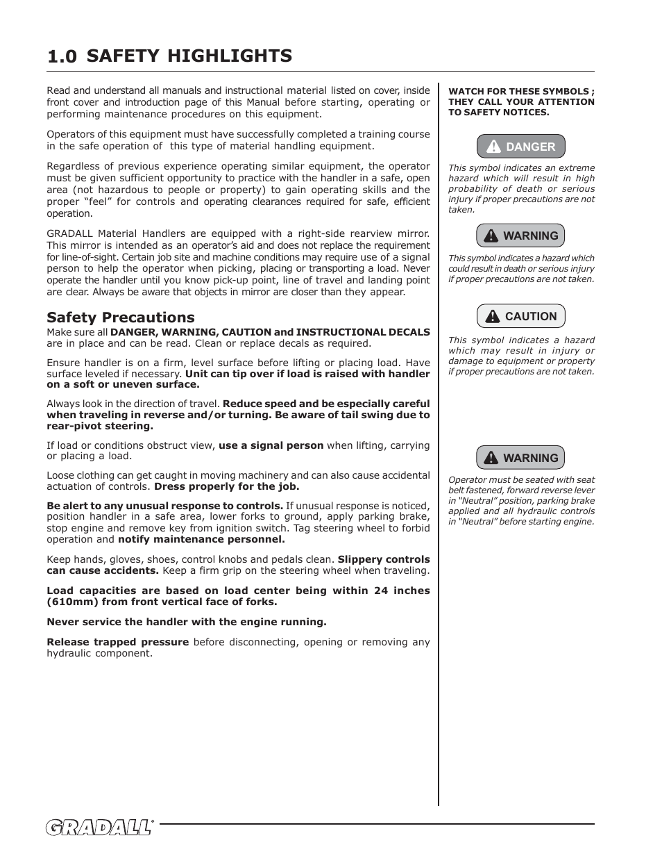 Safety highlights, Safety precautions | Gradall 544D-10 (9136-4142) Operation Manual User Manual | Page 8 / 54