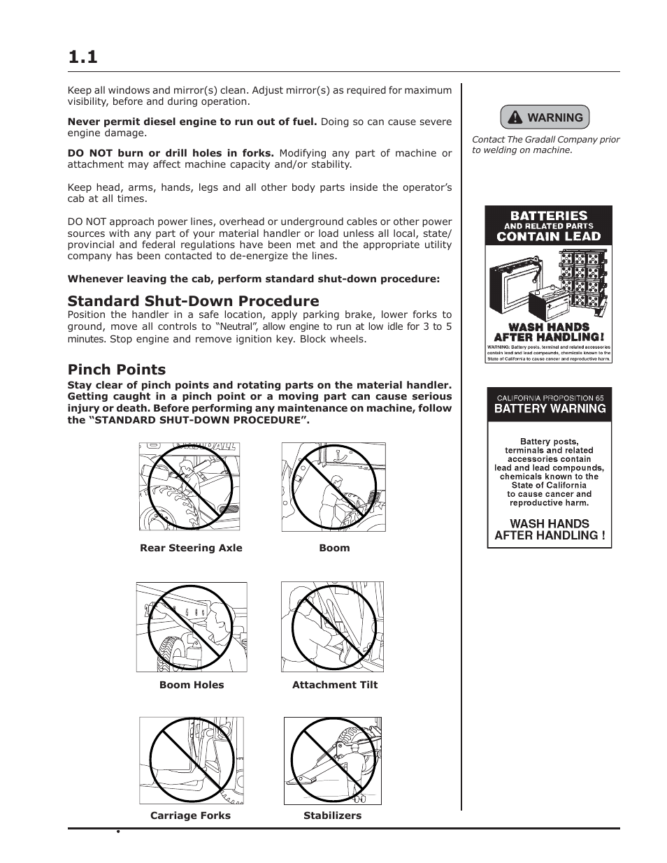 Standard shut-down procedure, Pinch points | Gradall 544D-10 (9136-4142) Operation Manual User Manual | Page 9 / 54