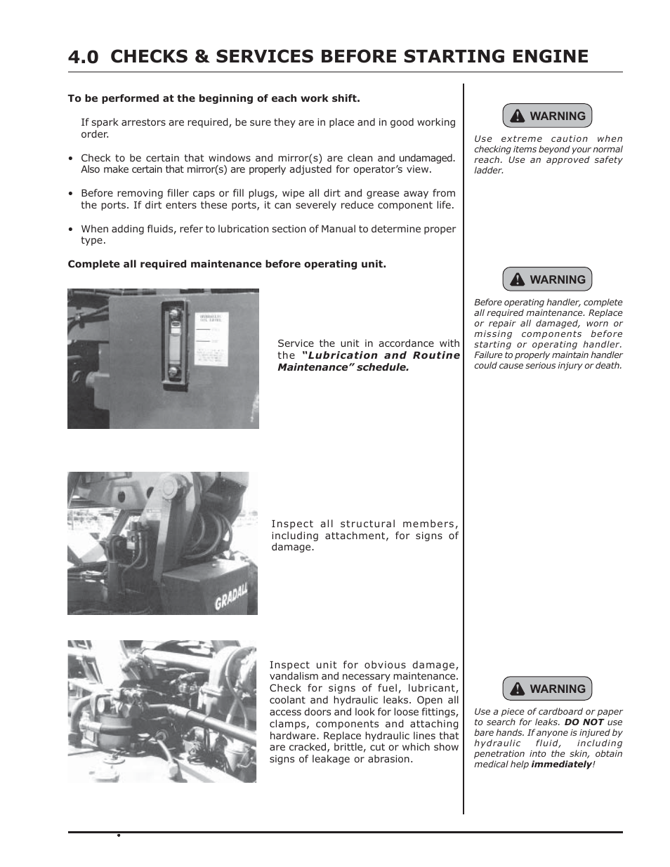 Checks & services before starting engine, Checks & services before starting engine 4.0 | Gradall 544D (9136-4003) Service Manual User Manual | Page 21 / 392