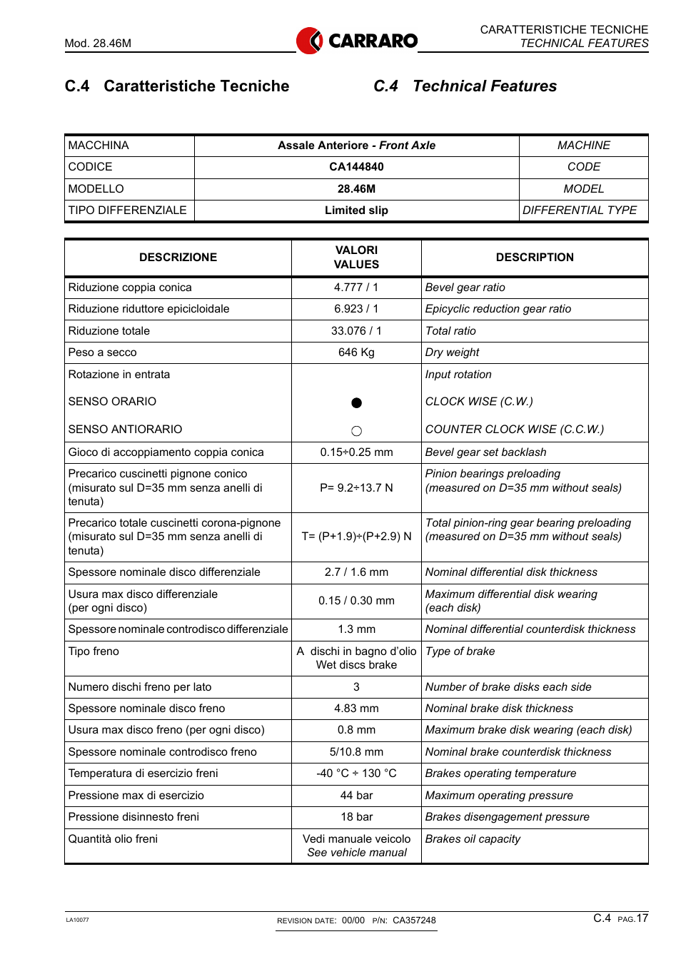 C.4 technical features, C.4 caratteristiche tecniche | Gradall 544D (9136-4003) Service Manual User Manual | Page 224 / 392
