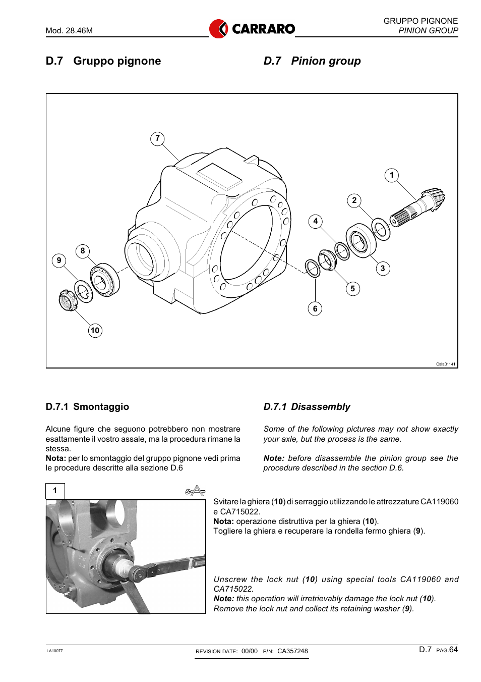 D.7 pinion group, D.7 gruppo pignone, D.7.1 disassembly | D.7.1 smontaggio | Gradall 544D (9136-4003) Service Manual User Manual | Page 271 / 392