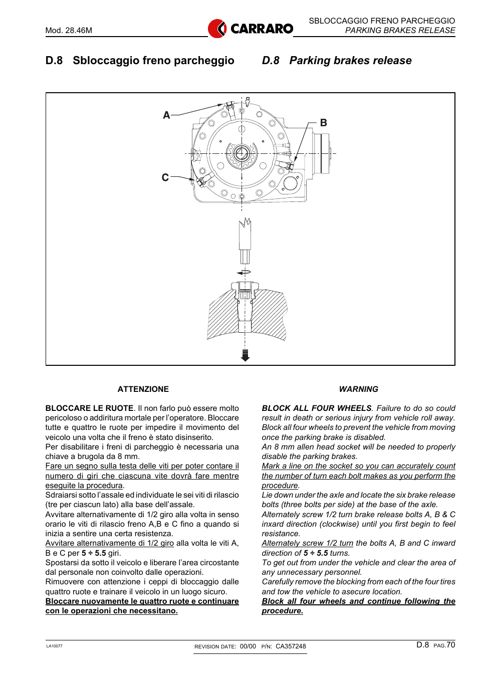 D.8 parking brakes release, D.8 sbloccaggio freno parcheggio | Gradall 544D (9136-4003) Service Manual User Manual | Page 277 / 392