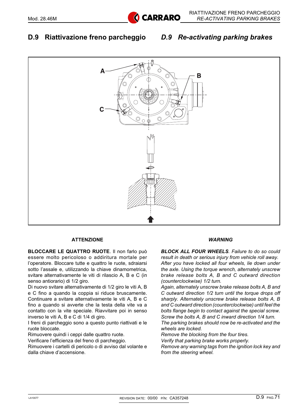 D.9 re-activating parking brakes, D.9 riattivazione freno parcheggio | Gradall 544D (9136-4003) Service Manual User Manual | Page 278 / 392