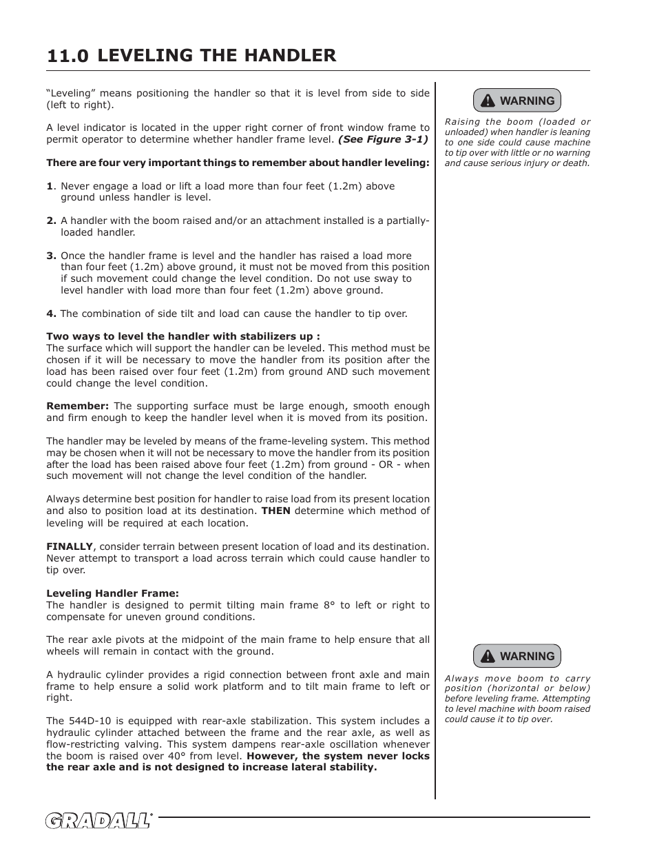 Leveling the handler, Leveling the handler 11.0 | Gradall 544D (9136-4003) Service Manual User Manual | Page 28 / 392