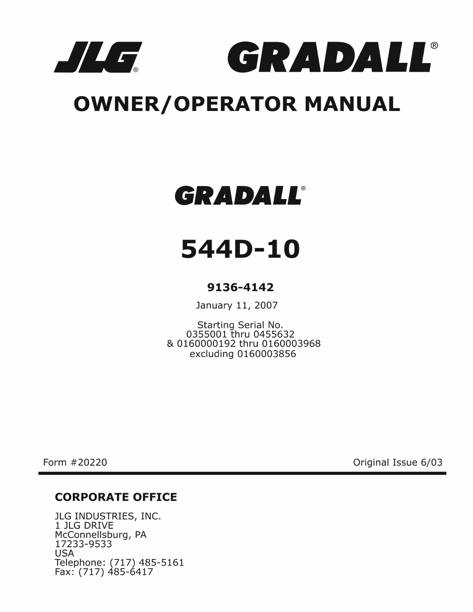 Operation & lubrication, 20220 544d-10 owner/operator manual | Gradall 544D (9136-4003) Service Manual User Manual | Page 3 / 392