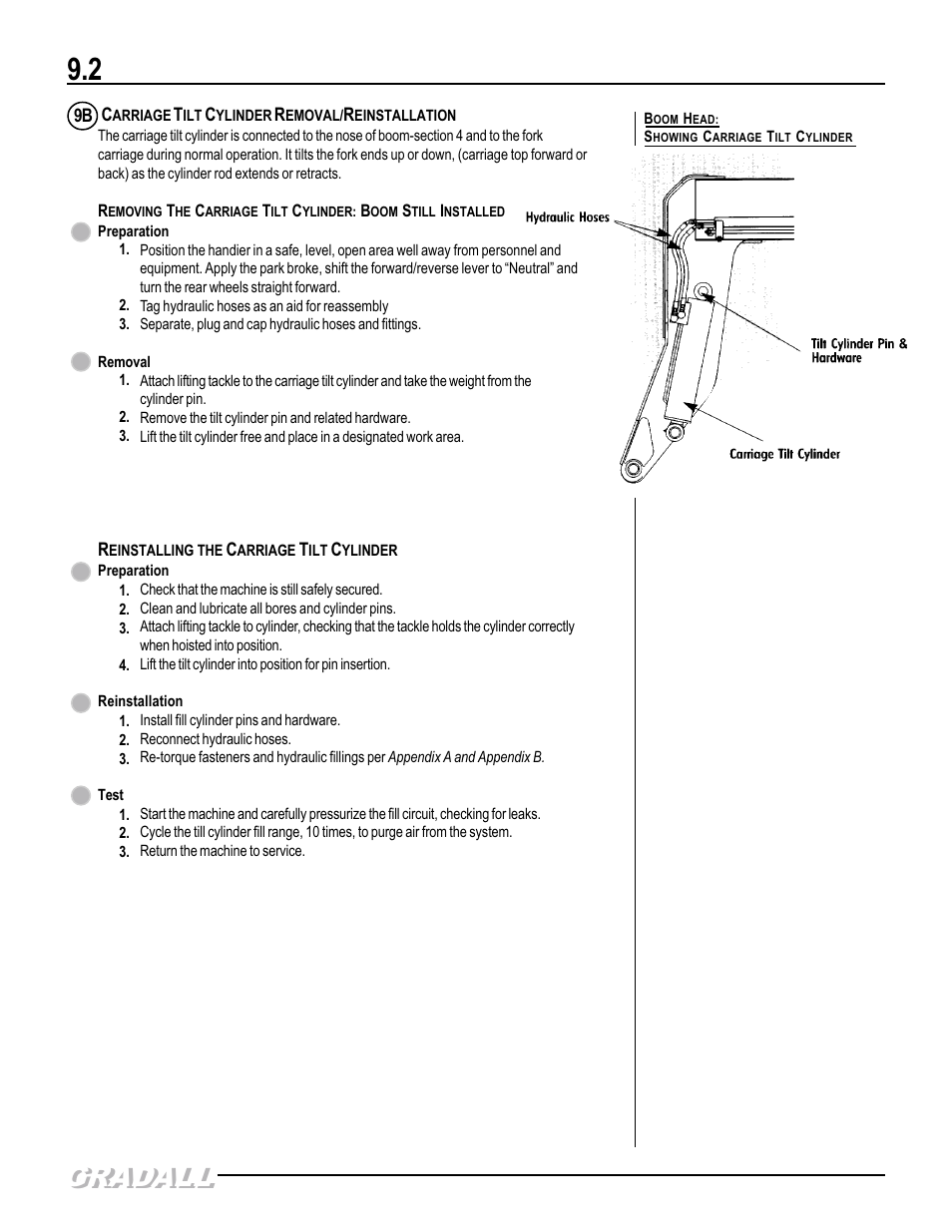 Carriage tilt cylinder removal/reinstallation, Gradall | Gradall 544D (9136-4003) Service Manual User Manual | Page 329 / 392