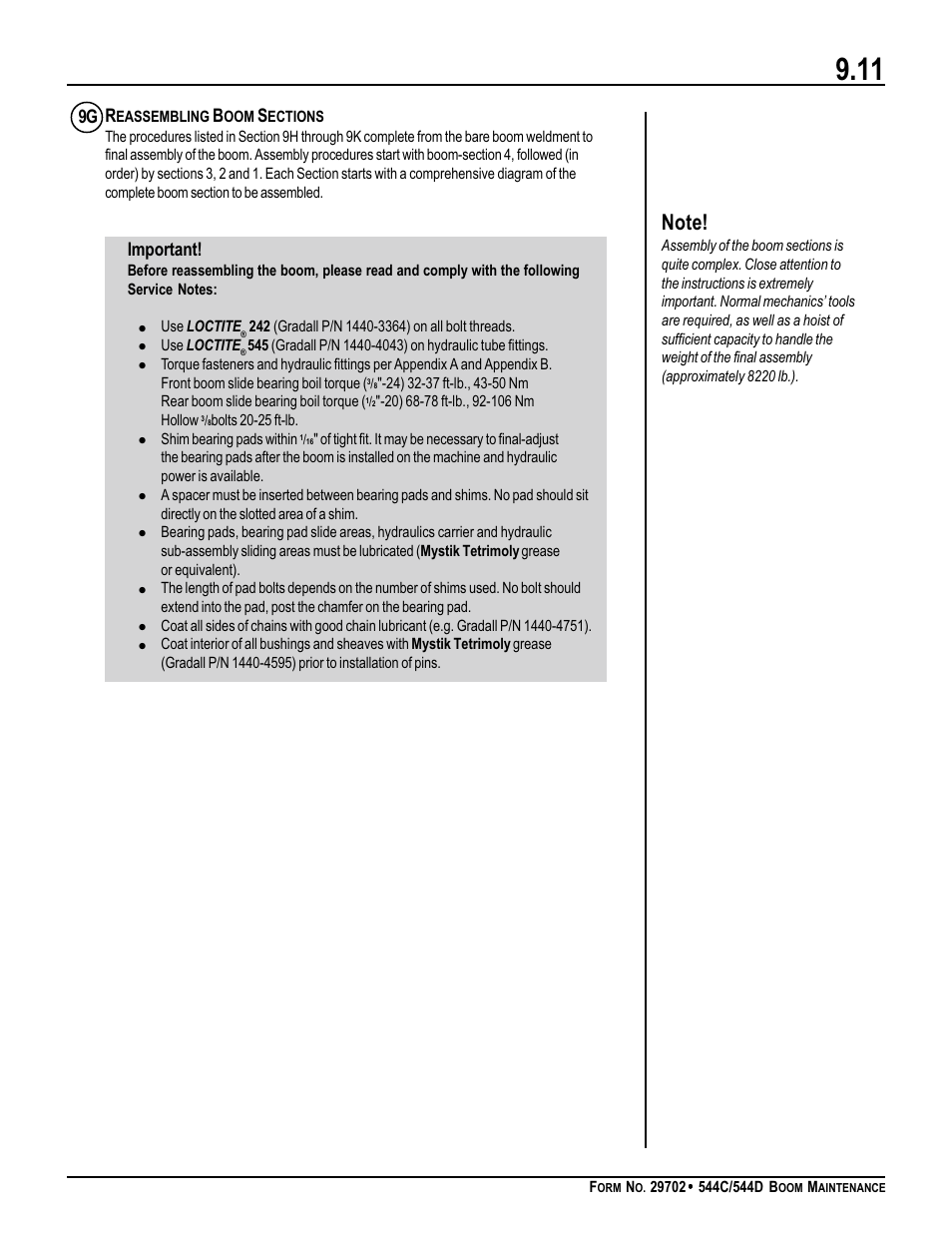 Reassembling boom sections, Important | Gradall 544D (9136-4003) Service Manual User Manual | Page 338 / 392