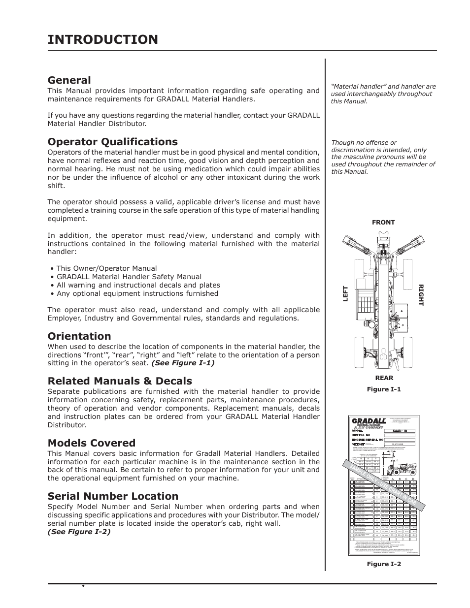 Introduction, General, Operator qualifications | Orientation, Related manuals & decals, Models covered, Serial number location, Rear front right left figure i-1 figure i-2, Sample only - use chart in cab | Gradall 544D (9136-4003) Service Manual User Manual | Page 9 / 392