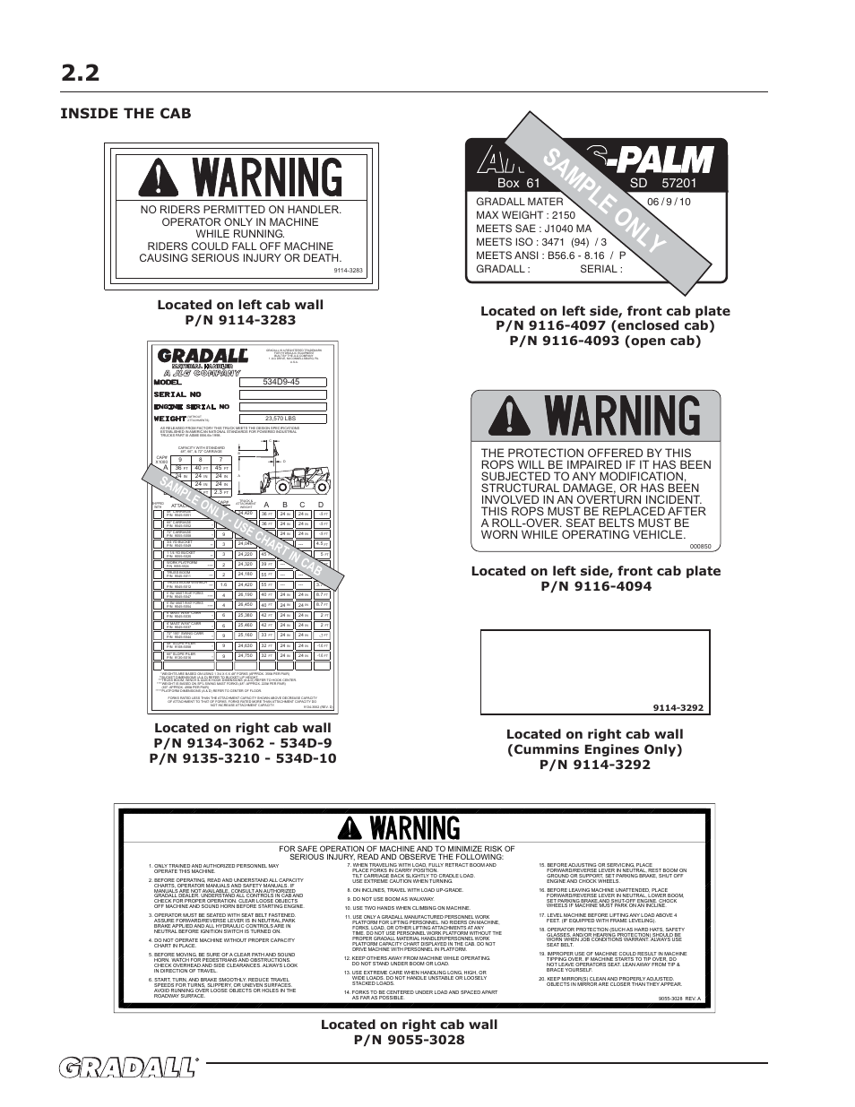 Engine oil level, Sample only, Inside the cab | Sample only - use chart in cab | Gradall 534D-10 (9134-4052) Operation Manual User Manual | Page 12 / 54