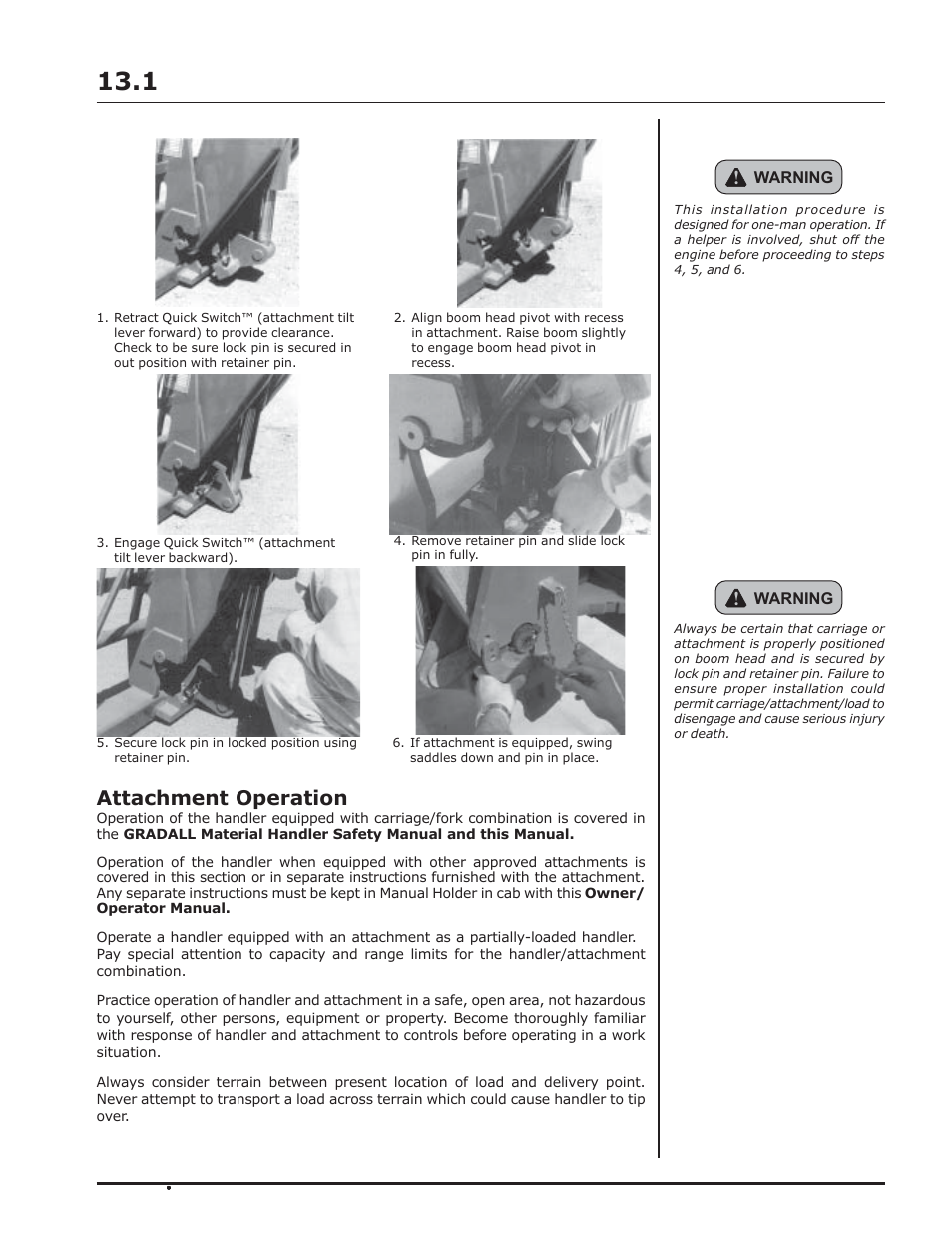 Attachment installation attachment operation, Warning | Gradall 534D-10 (9134-4052) Operation Manual User Manual | Page 33 / 54