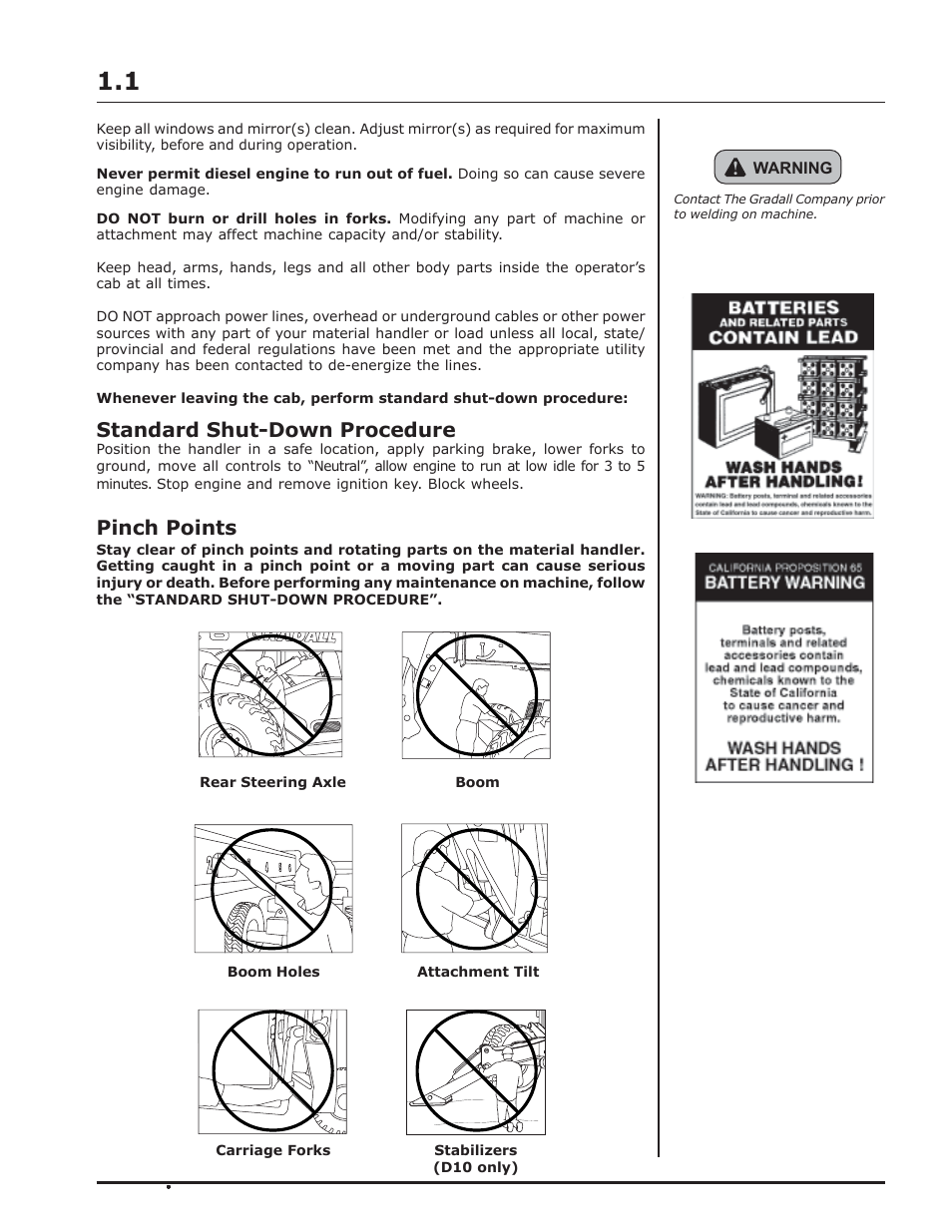 Standard shut-down procedure, Pinch points | Gradall 534D-10 (9134-4052) Operation Manual User Manual | Page 9 / 54