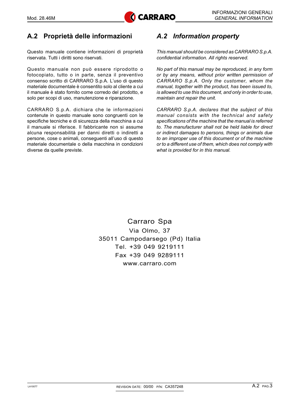 A.2 information property, A.2 proprietà delle informazioni, Carraro spa | Gradall 534D-10 Service Manual User Manual | Page 168 / 364