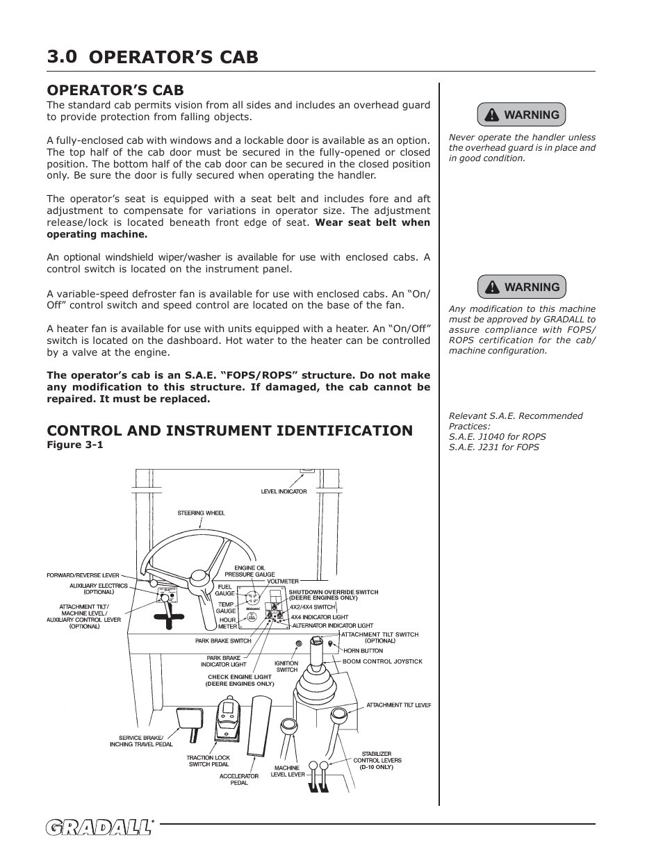 Operator's cab, Control & instrument identification, Operator’s cab 3.0 | Operator’s cab, Control and instrument identification | Gradall 534D-10 Service Manual User Manual | Page 18 / 364