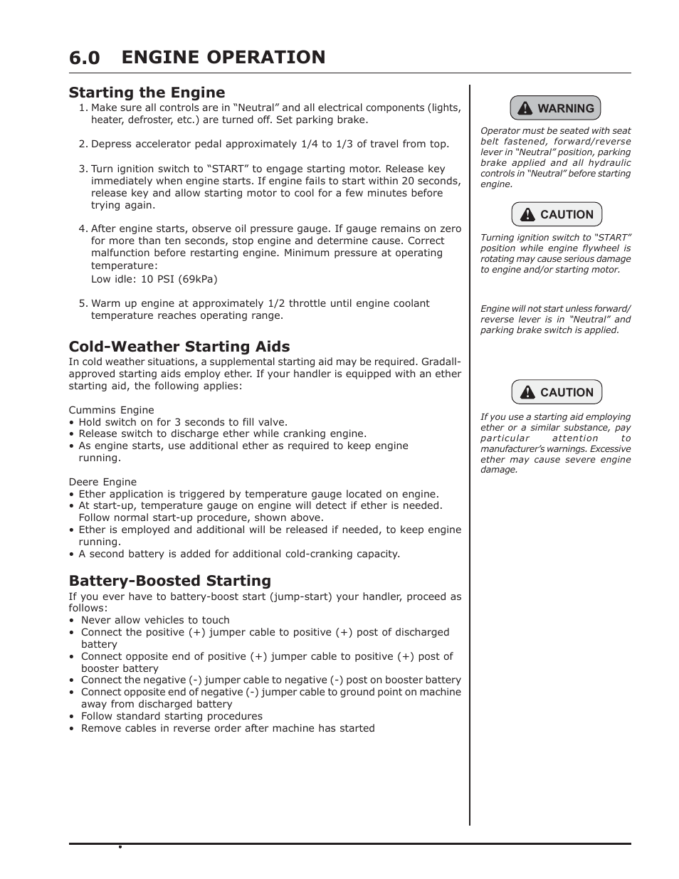 Engine operation, Engine operation 6.0, Starting the engine | Cold-weather starting aids, Battery-boosted starting | Gradall 534D-10 Service Manual User Manual | Page 23 / 364