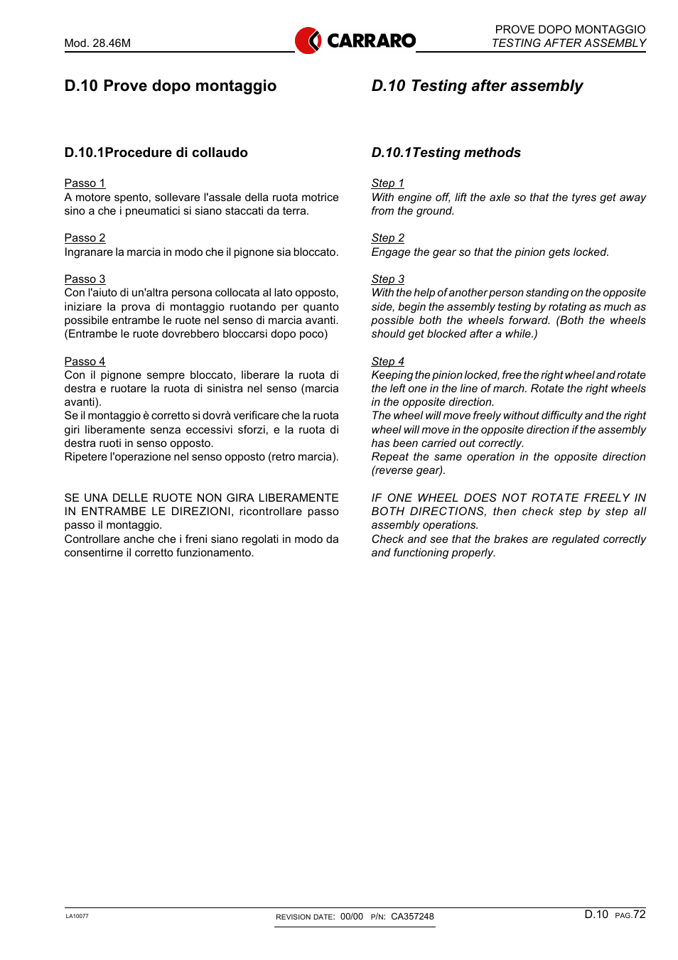 D.10 testing after assembly, D.10 prove dopo montaggio, D.10.1testing methods | D.10.1procedure di collaudo | Gradall 534D-10 Service Manual User Manual | Page 237 / 364