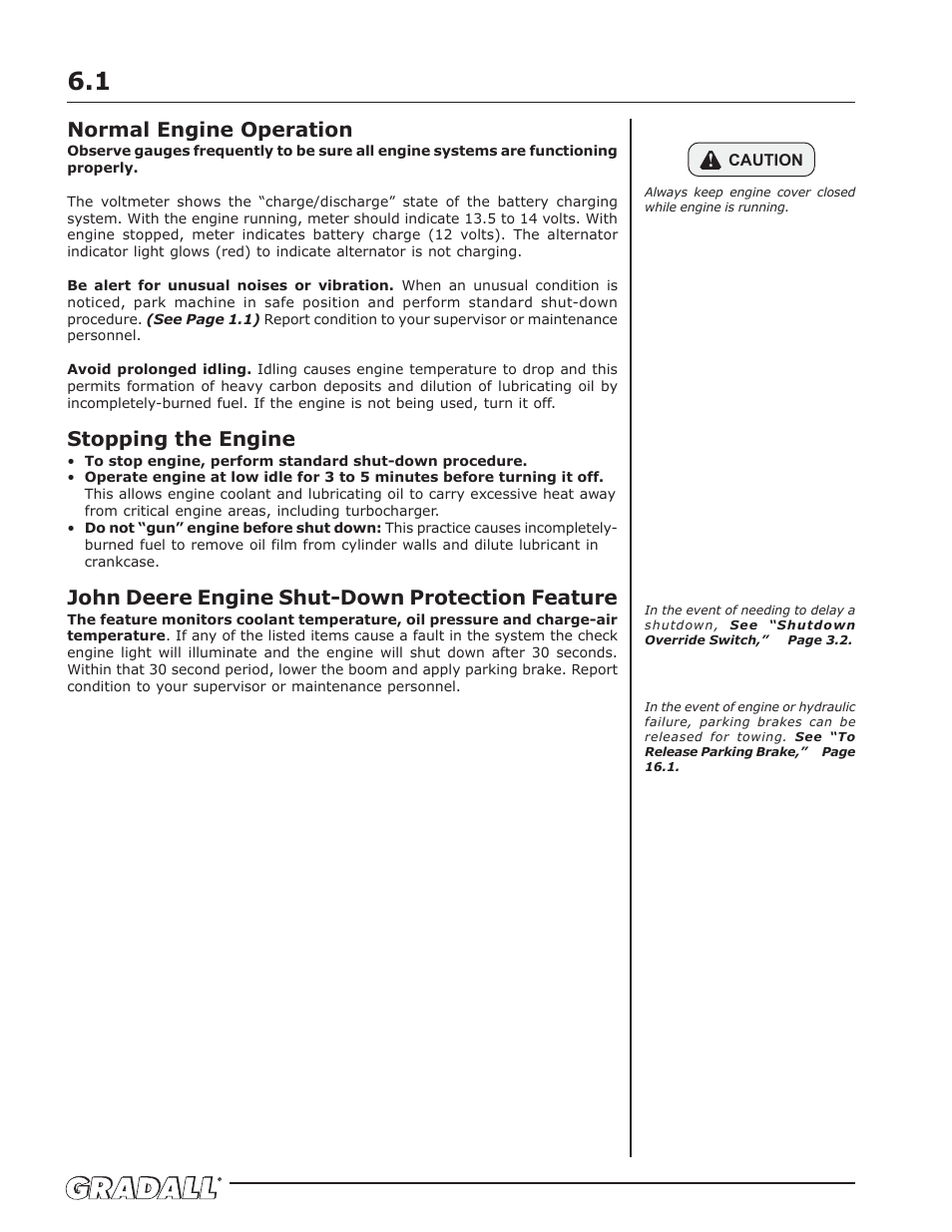 Normal engine operation, Stopping the engine, John deere engine shut-down protection feature | Gradall 534D-10 Service Manual User Manual | Page 24 / 364