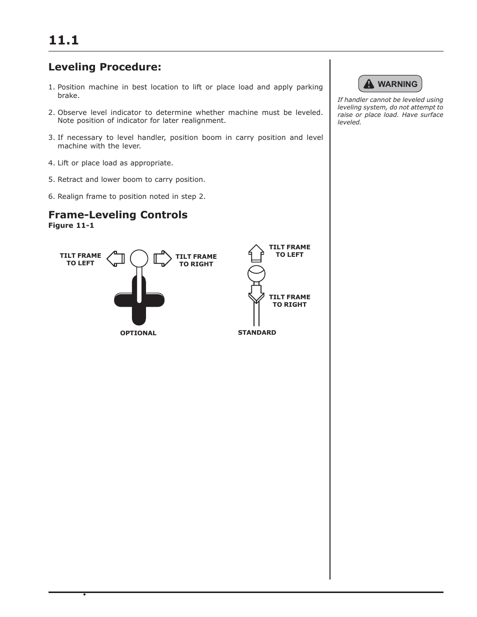 Leveling procedure, Frame-leveling controls, Warning | Gradall 534D-10 Service Manual User Manual | Page 29 / 364