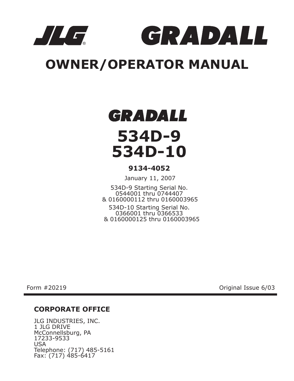 Operation & lubrication, 20219 534d-9/534d-10 owner/operator manual, Owner/operator manual | Gradall 534D-10 Service Manual User Manual | Page 3 / 364