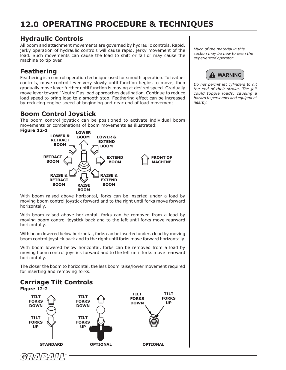 Operating procedures & techniques, Operating procedure & techniques 12.0, Hydraulic controls | Feathering, Boom control joystick, Carriage tilt controls | Gradall 534D-10 Service Manual User Manual | Page 30 / 364