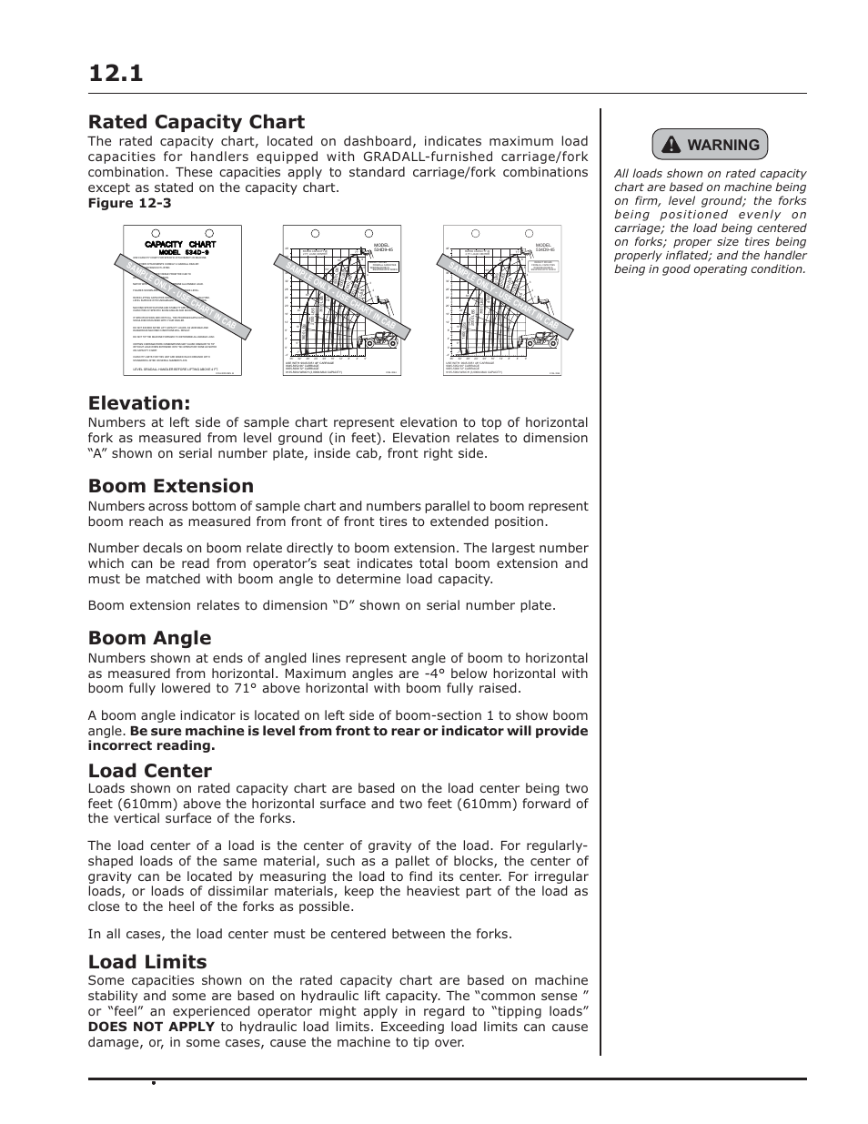 Rated capacity chart, Elevation, Boom extension | Boom angle, Load center, Load limits, Warning | Gradall 534D-10 Service Manual User Manual | Page 31 / 364