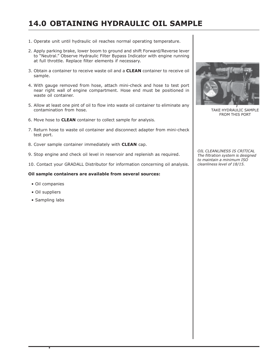 Obtaining hydraulic oil sample for analysis, Obtaining hydraulic oil sample | Gradall 534D-10 Service Manual User Manual | Page 43 / 364