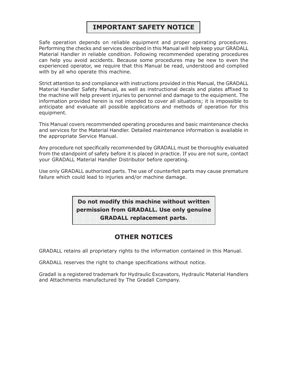 Important safety notice & other notices, Important safety notice, Other notices | Gradall 534D-10 Service Manual User Manual | Page 6 / 364