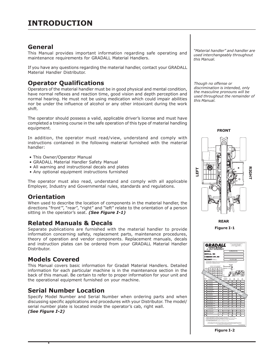 Introduction, General, Operator qualifications | Orientation, Related manuals & decals, Models covered, Serial number location, Rear front right left figure i-1 figure i-2, Sam ple o nly - use chart in cab | Gradall 534D-10 Service Manual User Manual | Page 9 / 364
