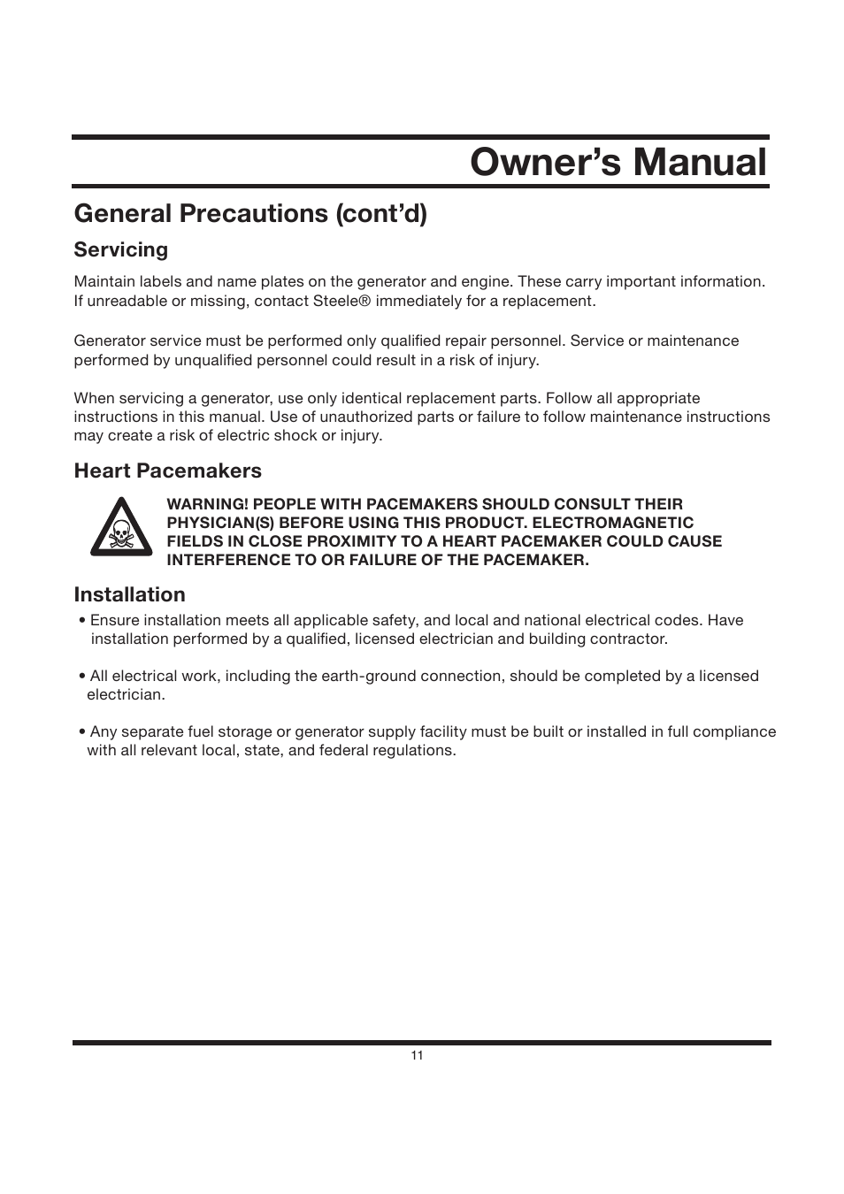 Owner’s manual, General precautions (cont’d), Servicing | Heart pacemakers, Installation | Steele Products SP-GG120 User Manual | Page 12 / 47