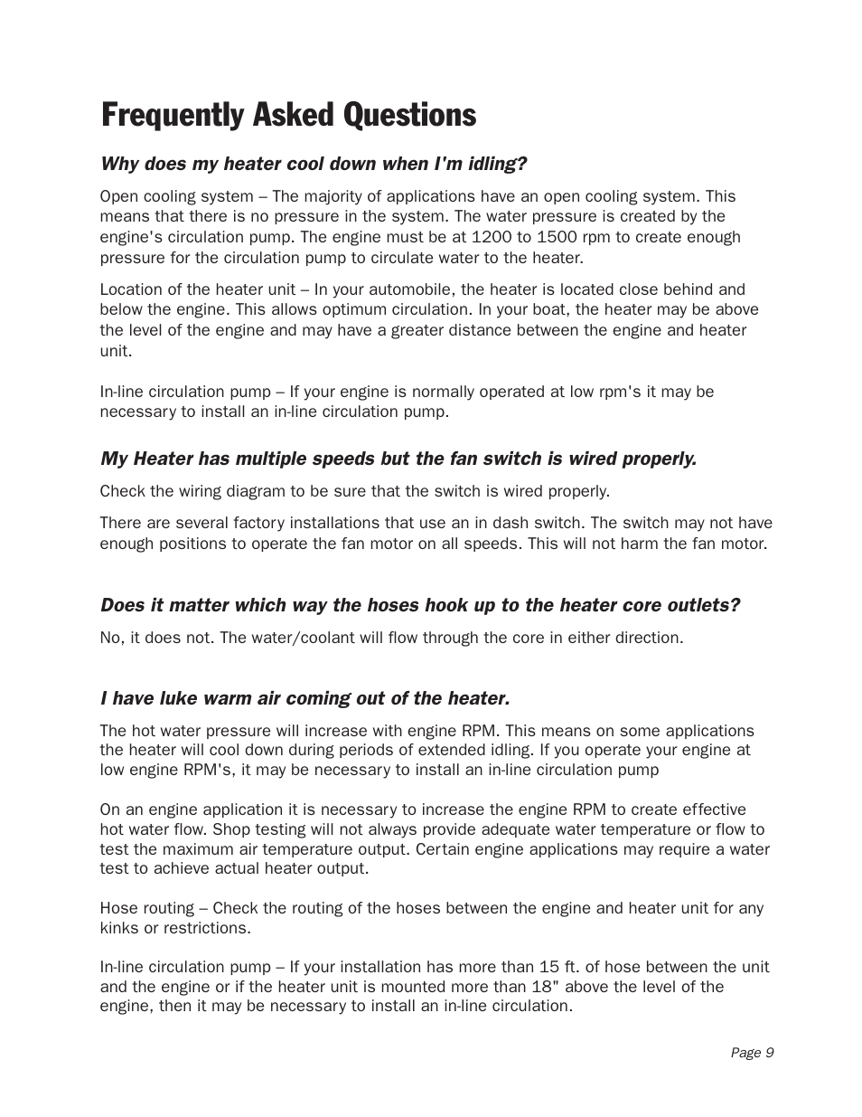 Frequently asked questions | Heater Craft 900H Series Hydronic Heaters User Manual | Page 10 / 11