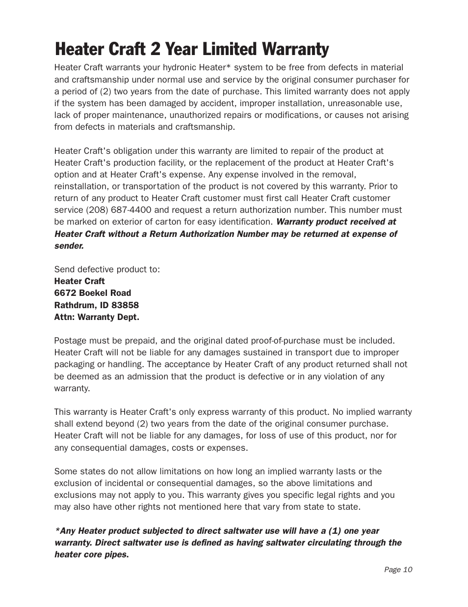Heater craft 2 year limited warranty | Heater Craft 900H Series Hydronic Heaters User Manual | Page 11 / 11