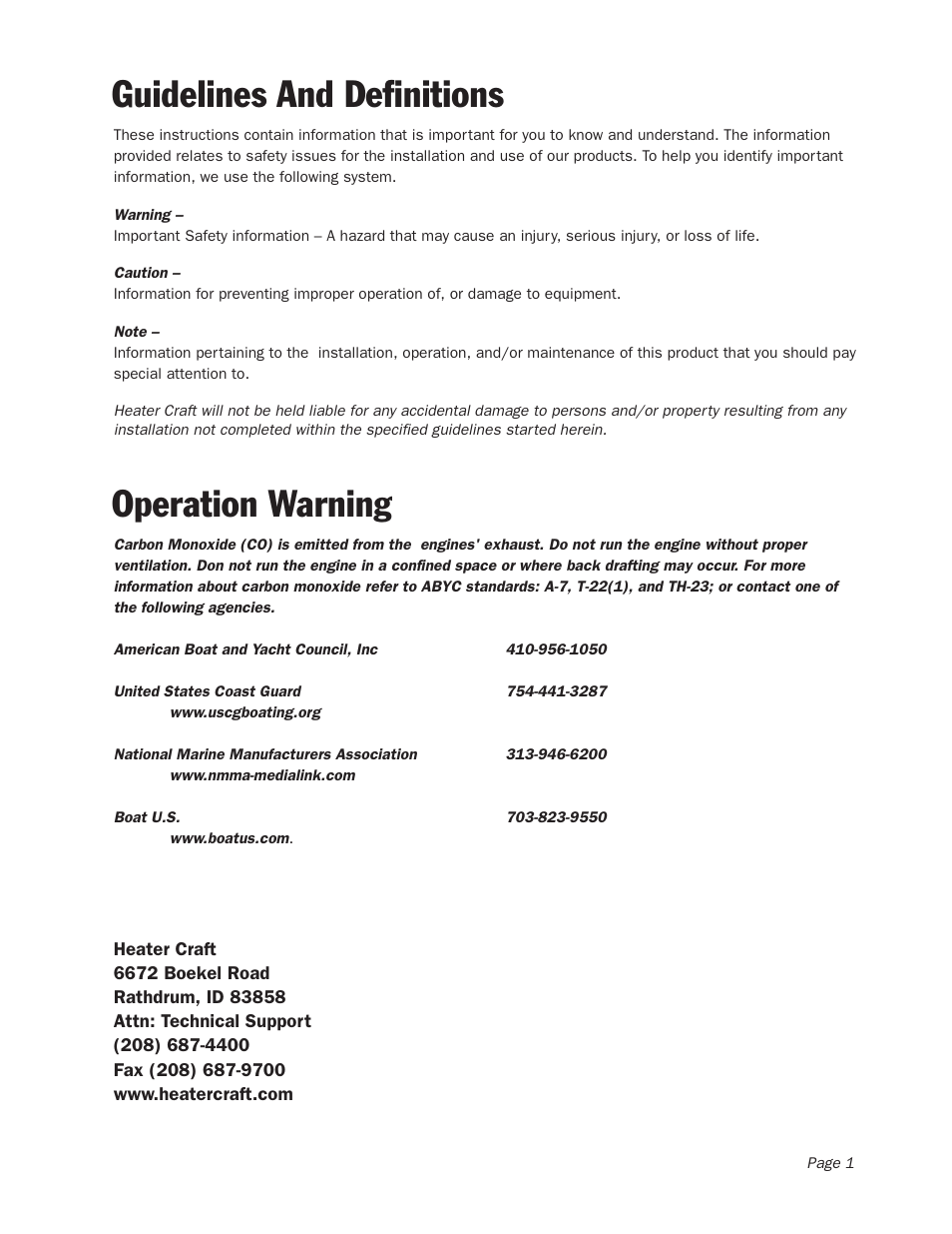 Operation warning, Guidelines and definitions | Heater Craft 900H Series Hydronic Heaters User Manual | Page 2 / 11