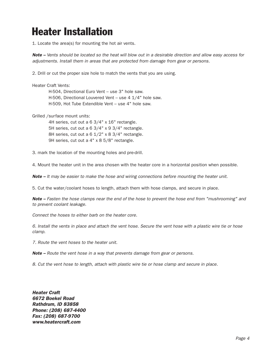 Heater installation | Heater Craft 900H Series Hydronic Heaters User Manual | Page 5 / 11