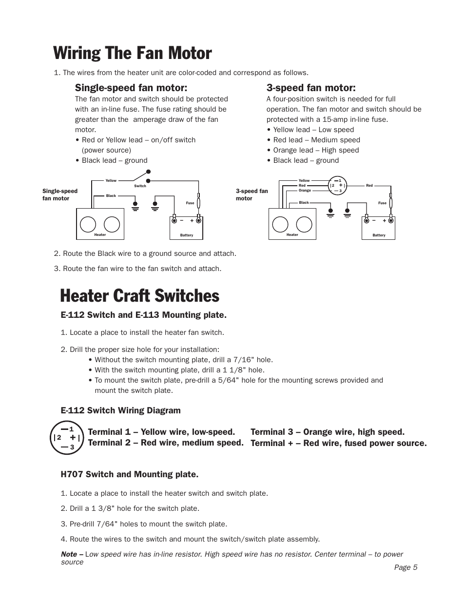 Wiring the fan motor, Heater craft switches, Single-speed fan motor | Speed fan motor | Heater Craft 900H Series Hydronic Heaters User Manual | Page 6 / 11