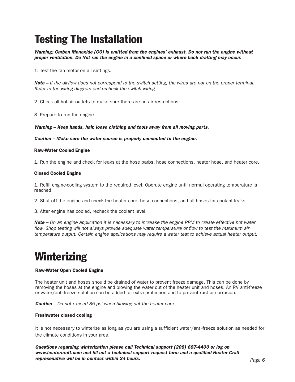 Testing the installation winterizing | Heater Craft 900H Series Hydronic Heaters User Manual | Page 7 / 11