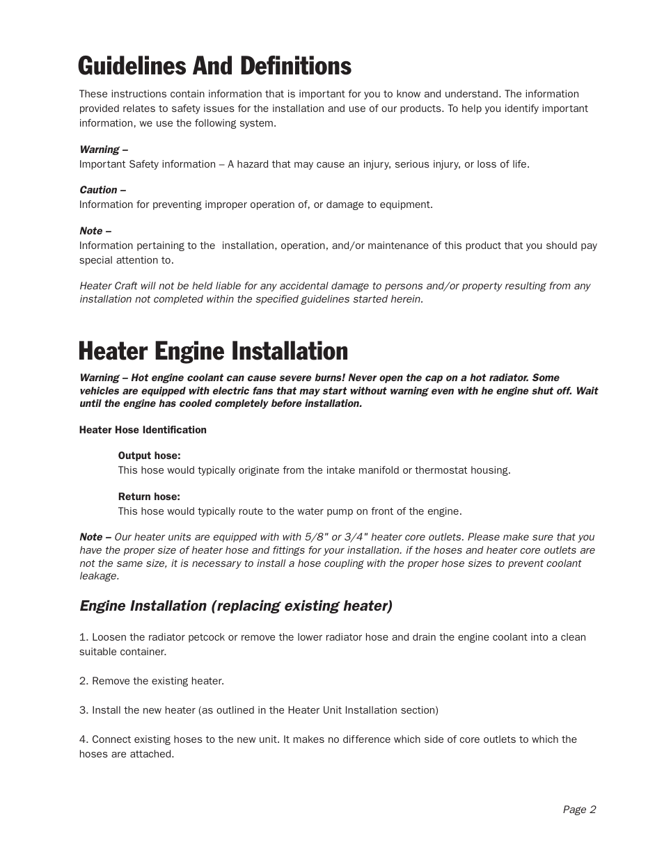 Heater engine installation, Guidelines and definitions | Heater Craft Auxiliary Heater User Manual | Page 3 / 7