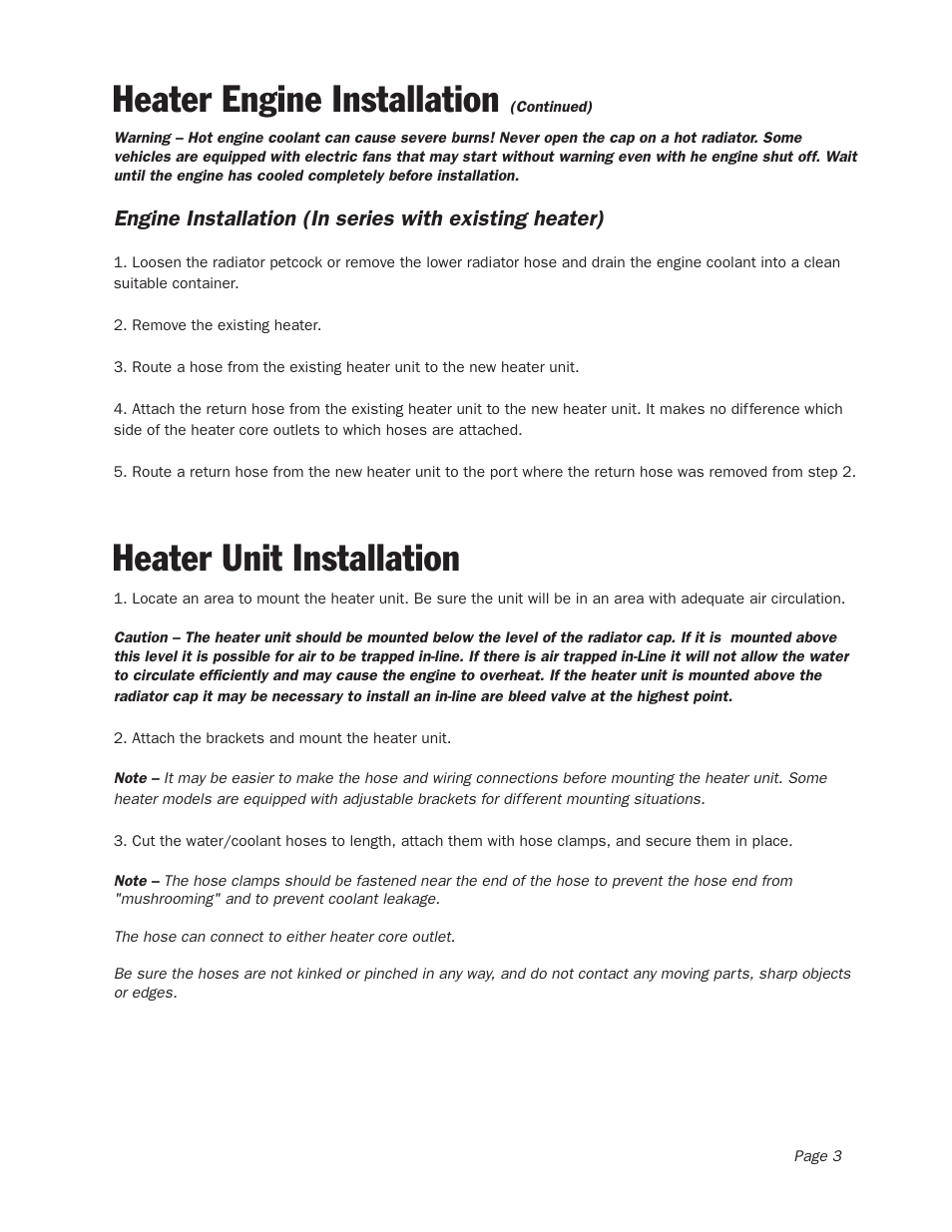 Heater engine installation, Heater unit installation | Heater Craft Auxiliary Heater User Manual | Page 4 / 7