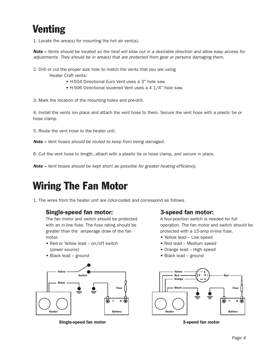 Venting, Wiring the fan motor, Single-speed fan motor | Speed fan motor | Heater Craft Auxiliary Heater User Manual | Page 5 / 7