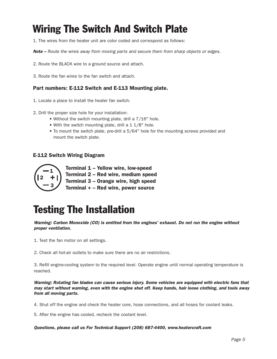 Wiring the switch and switch plate, Testing the installation | Heater Craft Auxiliary Heater User Manual | Page 6 / 7