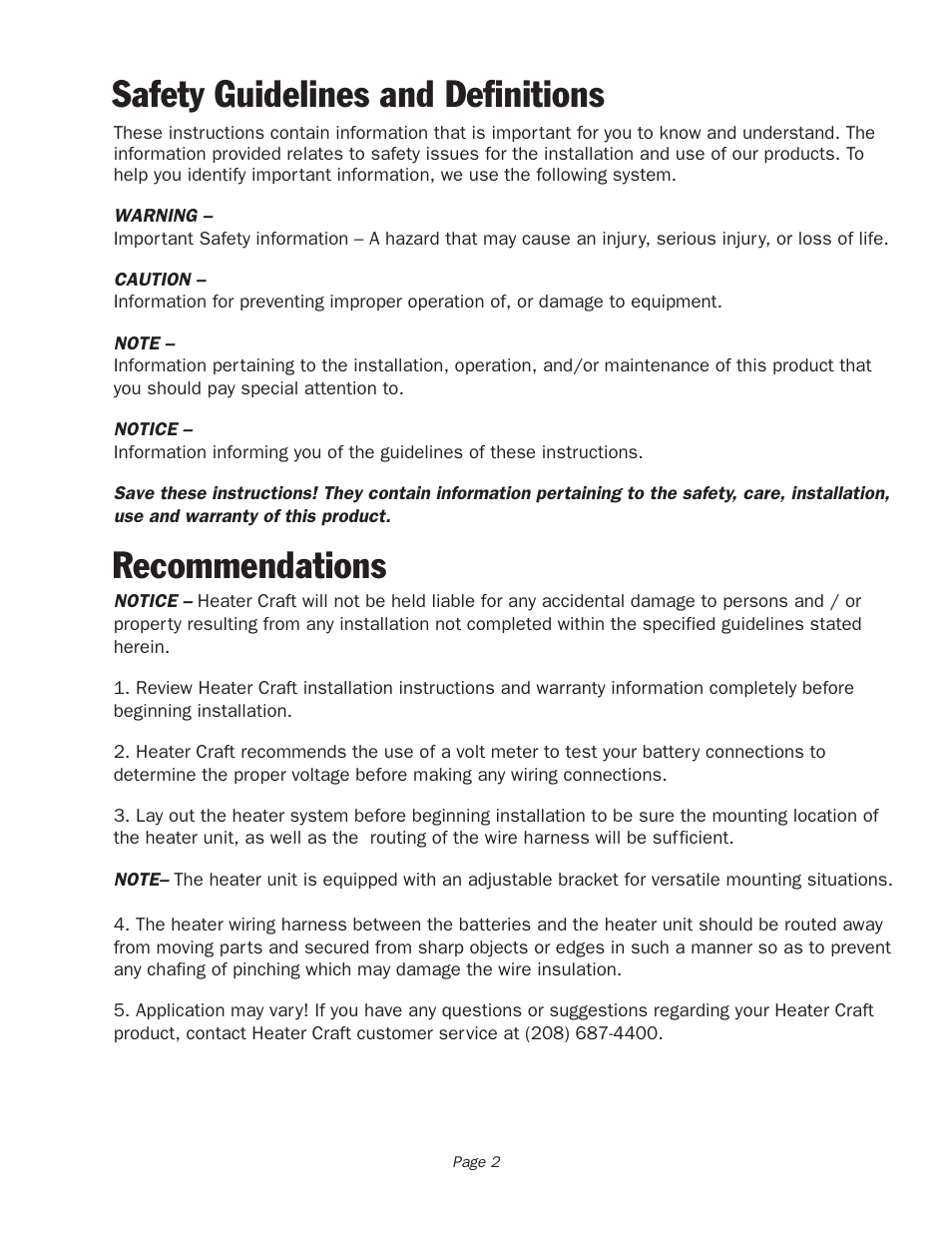 Safety guidelines and definitions, Recommendations | Heater Craft G200X User Manual | Page 3 / 5