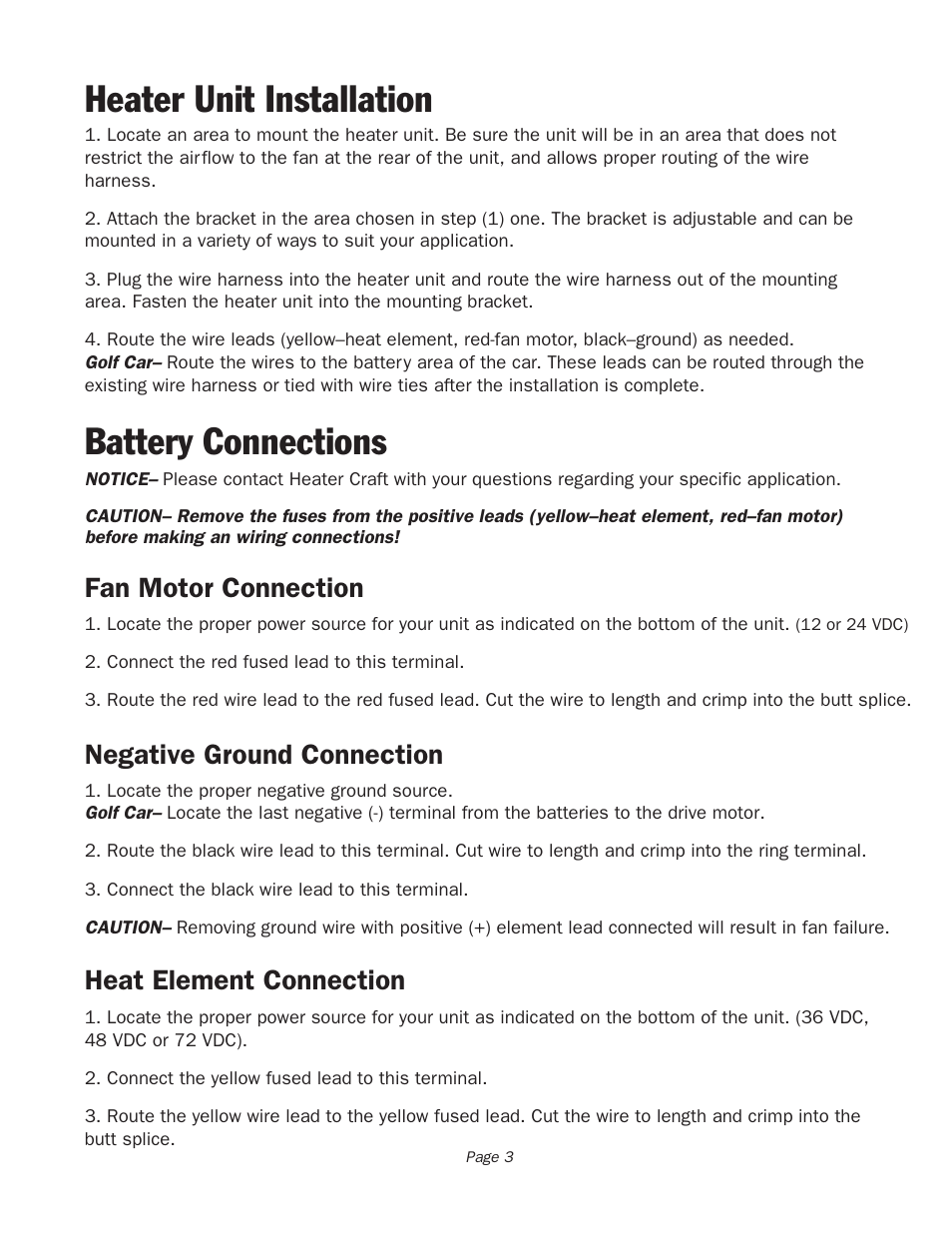 Heater unit installation, Battery connections, Fan motor connection | Negative ground connection, Heat element connection | Heater Craft G200X User Manual | Page 4 / 5