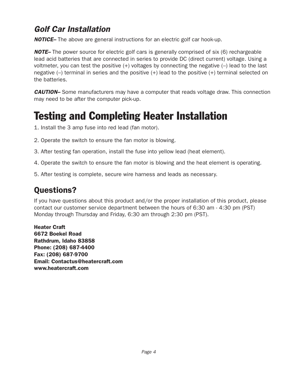 Testing and completing heater installation, Golf car installation, Questions | Heater Craft G200X User Manual | Page 5 / 5