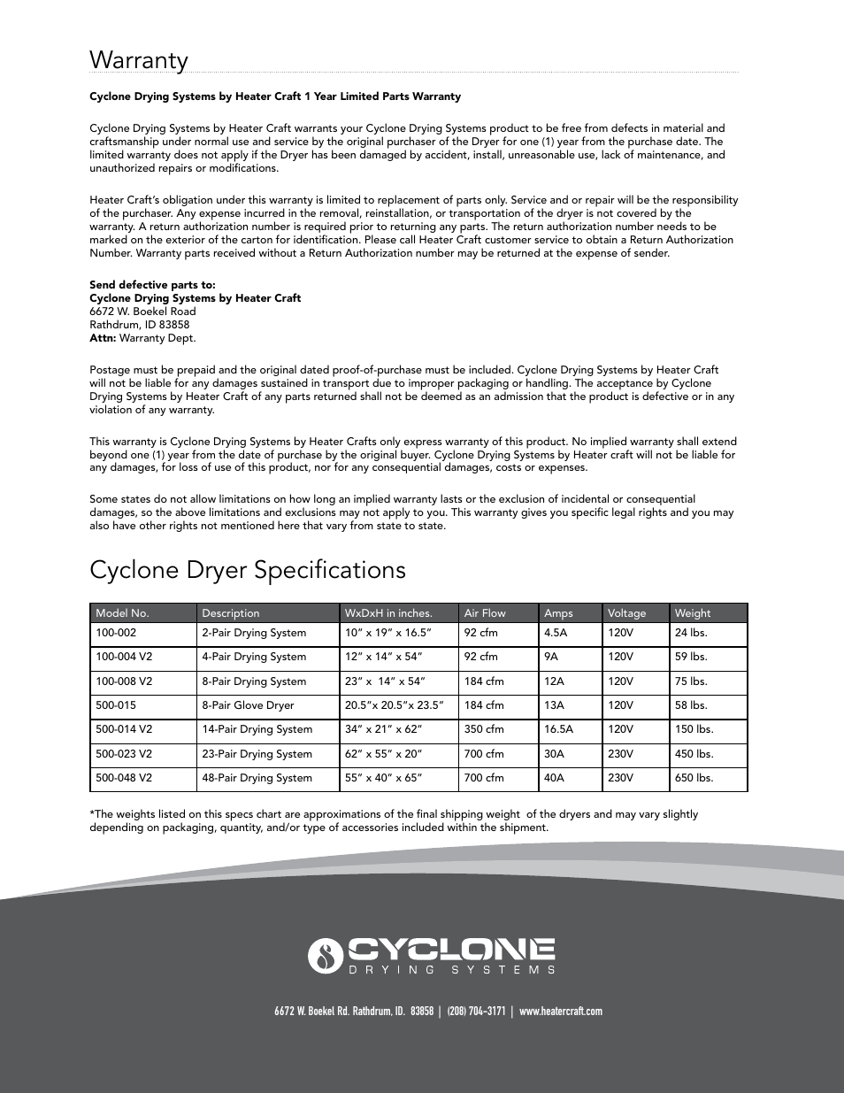 Warranty, Cyclone dryer specifications | Heater Craft 500-014 V2 Cyclone drying systems User Manual | Page 2 / 6