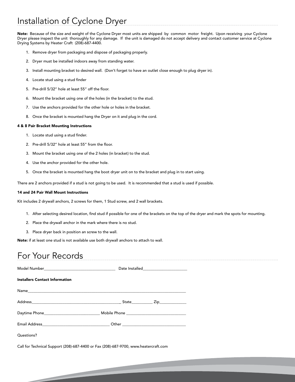 Installation of cyclone dryer, For your records | Heater Craft 500-014 V2 Cyclone drying systems User Manual | Page 3 / 6