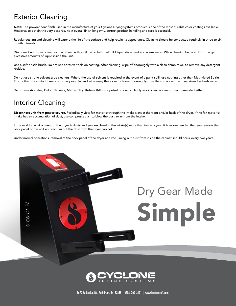 Simple, Dry gear made, Exterior cleaning | Interior cleaning | Heater Craft 500-014 V2 Cyclone drying systems User Manual | Page 4 / 6
