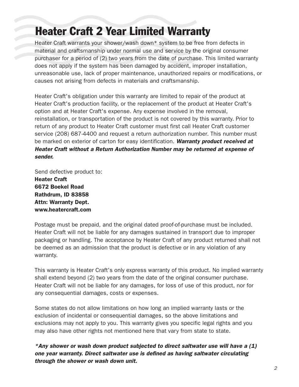 Heater craft 2 year limited warranty | Heater Craft 900S Series Shower User Manual | Page 3 / 8