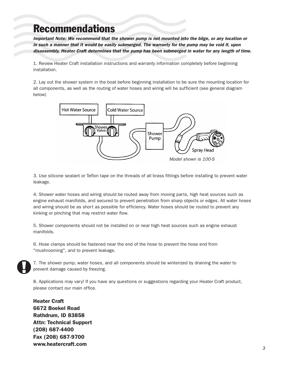 Recommendations | Heater Craft 900S Series Shower User Manual | Page 4 / 8