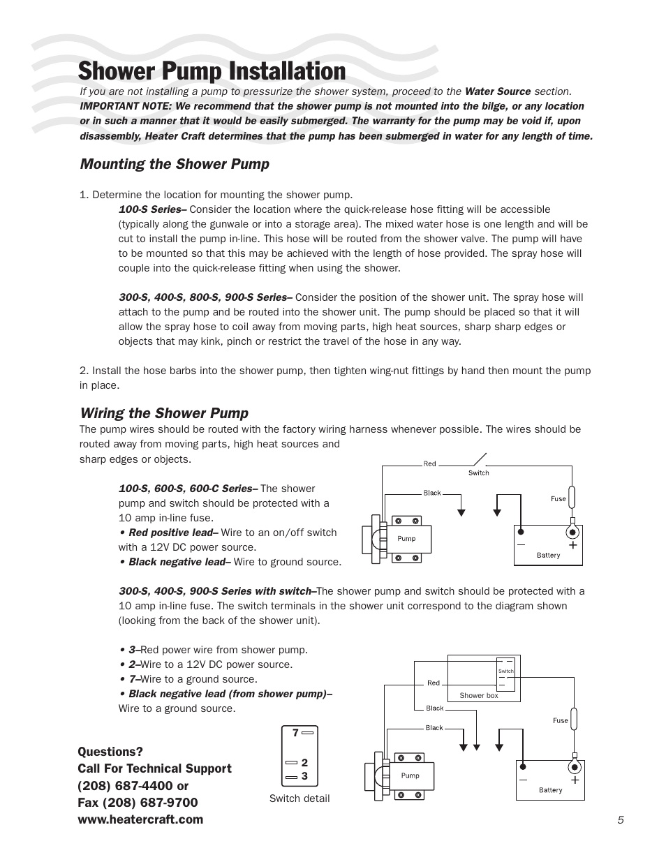 Shower pump installation, Mounting the shower pump, Wiring the shower pump | Heater Craft 900S Series Shower User Manual | Page 6 / 8