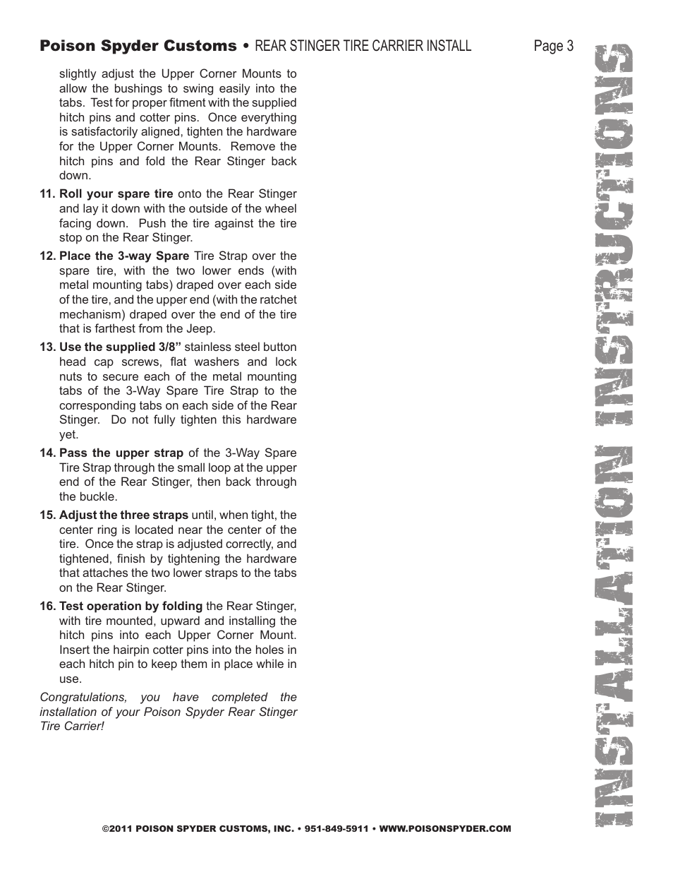 Installation instruc tio ns | Poison Spyder REAR STINGER TIRE CARRIER User Manual | Page 3 / 4