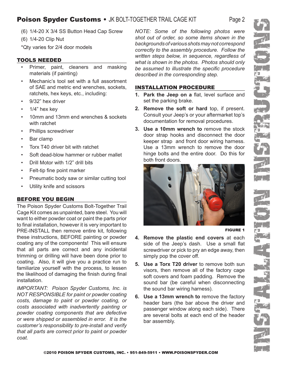 Installation instruc tio ns | Poison Spyder JK 07-10 BOLT-TOGETHER TRAIL CAGE User Manual | Page 2 / 12